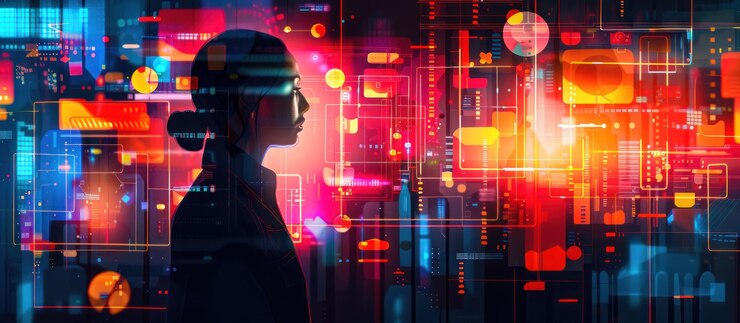PSD womans silhouette in front of a digital and abstract colorful background