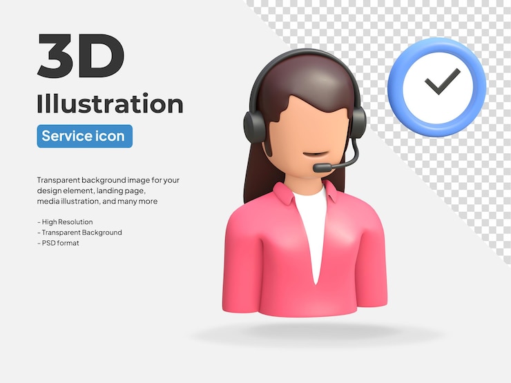 PSD women call center with headset customer support icon and time clock symbol 3d rendered illustration