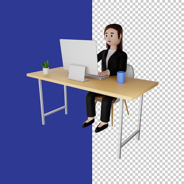 PSD women in formal clothes sitting in front of a computer 3d render character