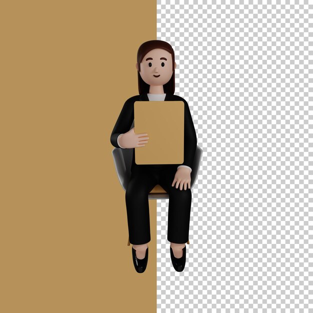 PSD women in formal clothes sitting while holding a clipboard from front side 3d render 3d character