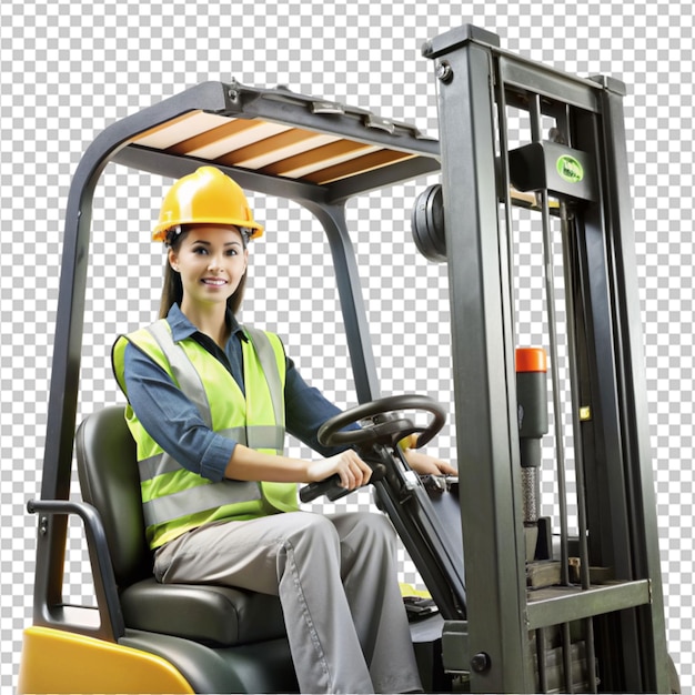 PSD women labor worker at forklift driver on transparent background