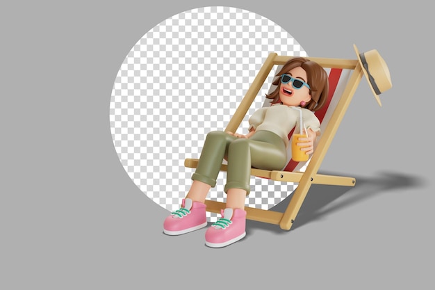 PSD ビーチチェア3dレンダリングイラストで休暇中に横たわっている女性