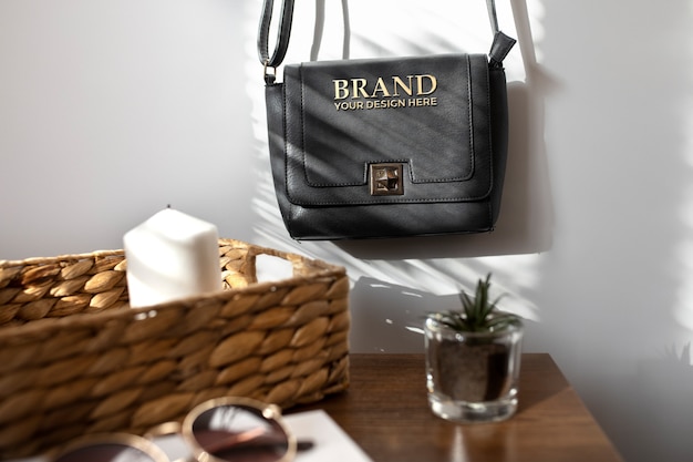 PSD women's bag embossed golden logo mock-up