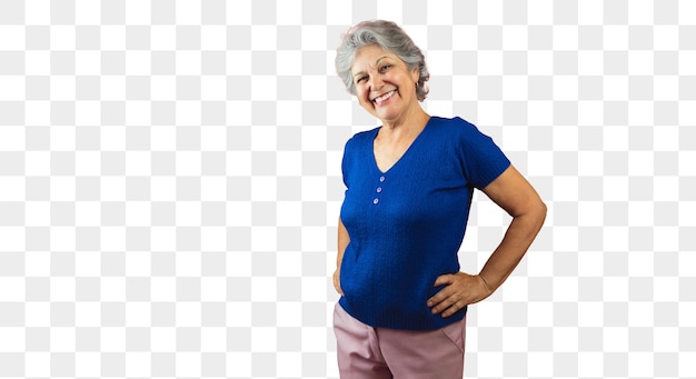 Women's Day Smiling Mature Woman Pointing Isolated on Orange Background