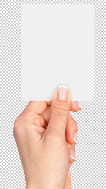women's fingers holding a blank business card isolated on transparent background