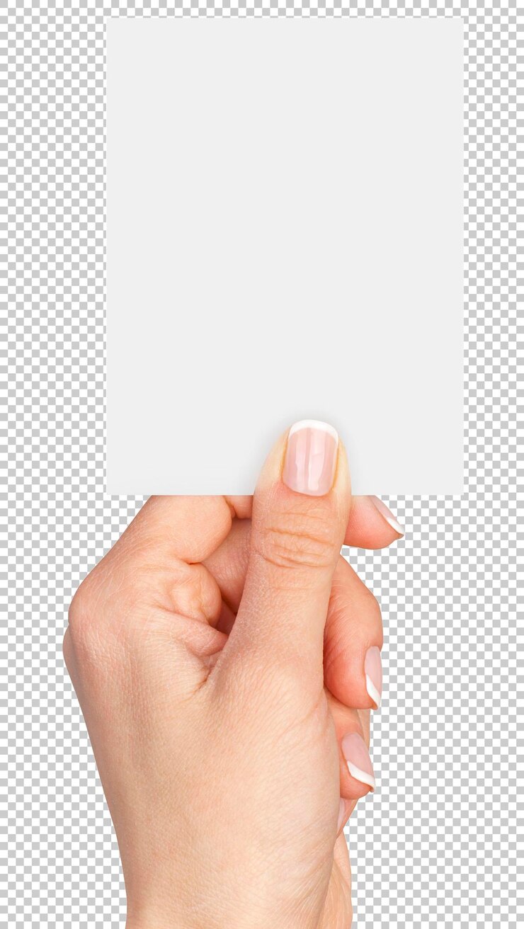 PSD women's fingers holding a blank business card isolated on transparent background