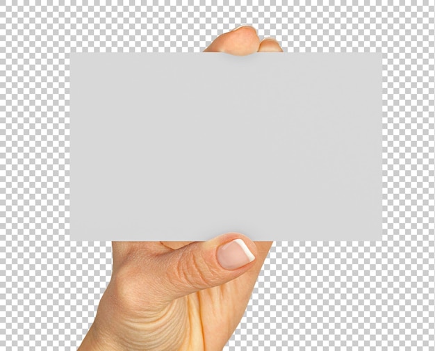 PSD women's fingers holding a blank business card isolated on transparent background