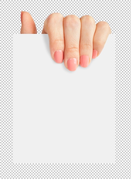 Women's fingers holding a blank white business card isolated on transparent psd background