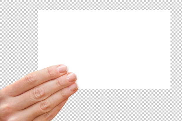 women's fingers holding a blank white card isolated on transparent psd background