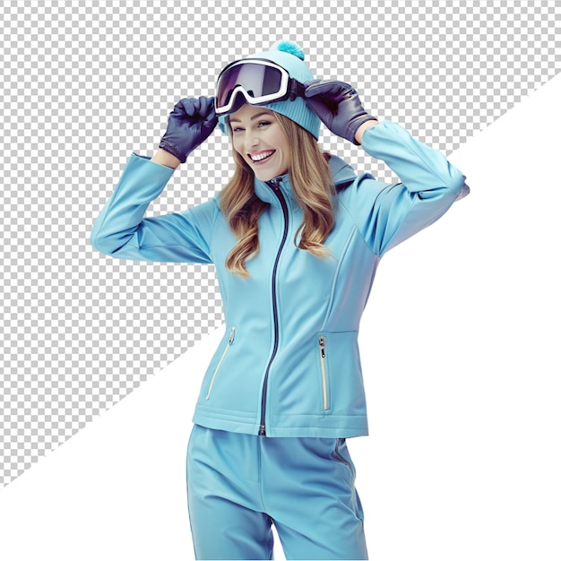 PSD women in snowboarder suit on transparent background