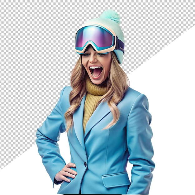 PSD women in snowboarder suit on transparent background