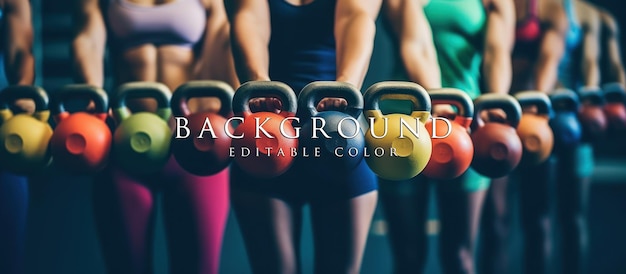 women in sports equipment standing in a row holding exercise dumbbells in the gym with kettlebells
