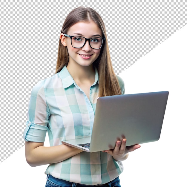 PSD women using laptop on transparent background