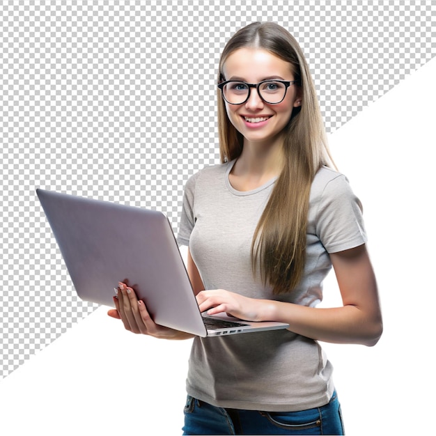 PSD women using laptop on transparent background