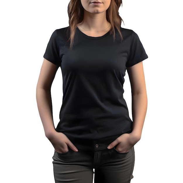 PSD donne che indossano una maglietta nera vuota isolata su sfondo bianco con percorso di ritaglio