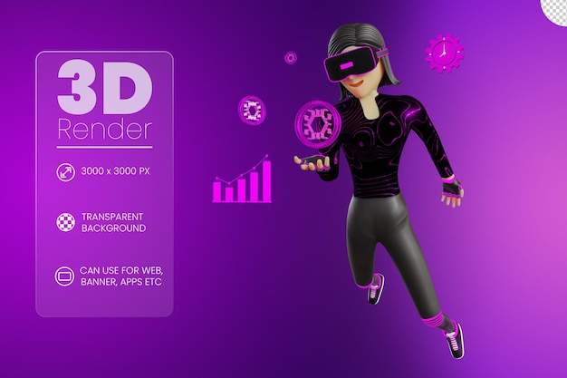 PSD women with crypto coin on metaverse 3d illustration