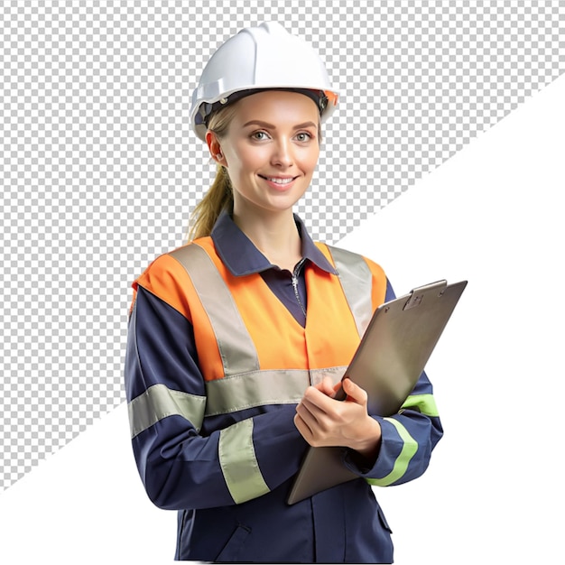 PSD women worker wearing safety uniform on transparent background