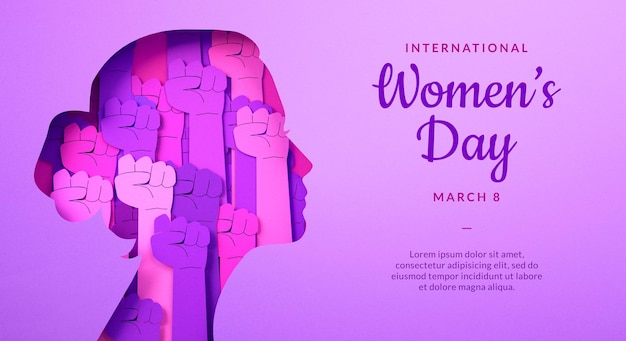 PSD women39s day flyer with woman silhouette and fists inside in paper cut style and copy space