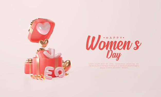 Женский день 3d визуализация с красной подарочной коробкой и воздушным шаром любви