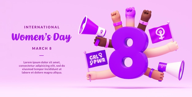 Womens Day banner with number 8 and activist women's hands in 3d illustration with copy space