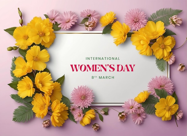 Womens day canvas decoration with blooming mimosa and daisy flowers on pink background