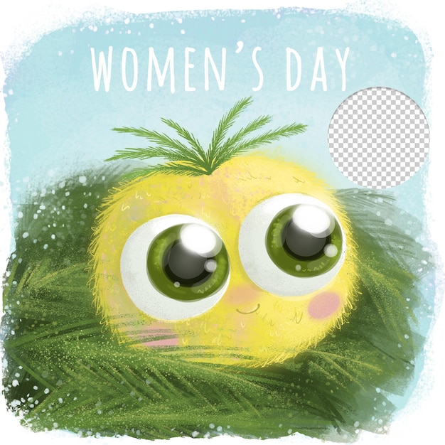 PSD Женский день милая мимоза с большими зелеными глазами на голубом фоне