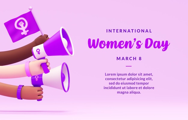 PSD womens day flyer with multi ethnic activist women hands, flag, megaphones and copy space in 3d