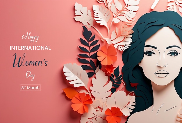 PSD womens day paper cut style face and flowers decoration on pink background