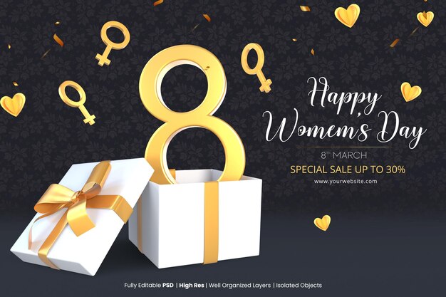 PSD Шаблон продажи женского дня с 3d-рендерингом открытый подарок с золотой цифрой восемь