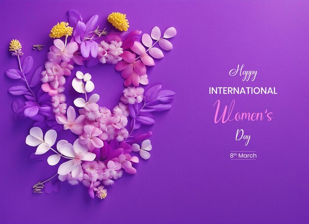 PSD womens day sign canvas decoration with mimosa and daisy flowers on purple background