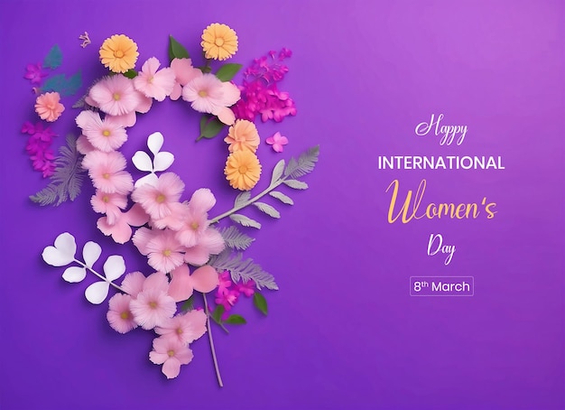 PSD womens day sign canvas decoration with mimosa and daisy flowers on purple background