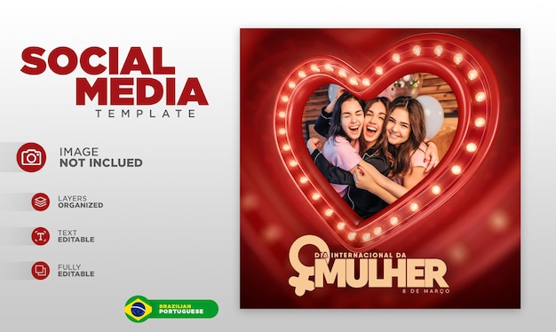 Womens day social media post template brazilian portuguese