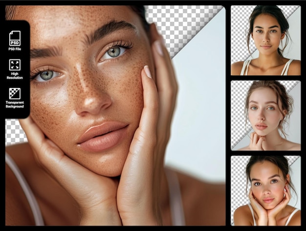 PSD womens faces with natural makeup isolated on transparent background