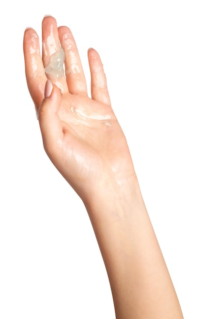 Womens hands Transparent gel spreads over the skin on a blank background