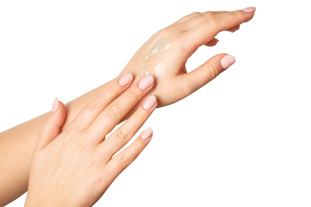 PSD womens hands transparent gel spreads over the skin on a blank background