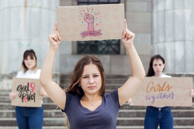 PSD womens holding cartoon board with messages