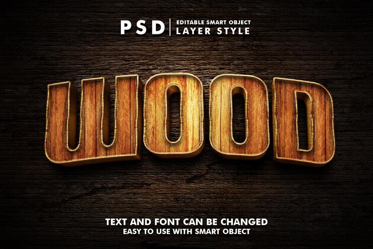 Wood 3d realistic text effect premium psd with smart object