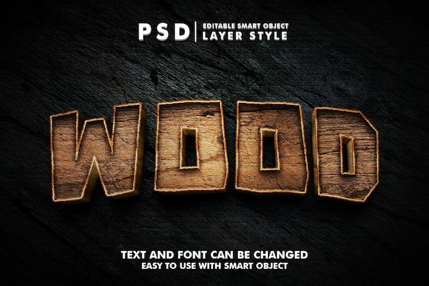 Деревянный 3d реалистичный текстовый эффект премиум psd со смарт-объектом