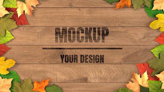 Wood background mockup with maple leaves