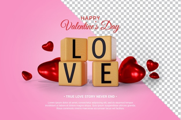 Wood Block With Text and Hearts 3D Render Isolated