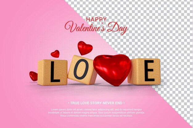 Wood block with text and hearts 3d render isolated