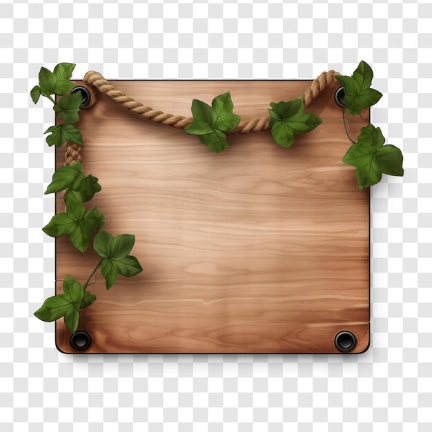 PSD wood board with rope and vines 3d icon hyper realistic isolated on white