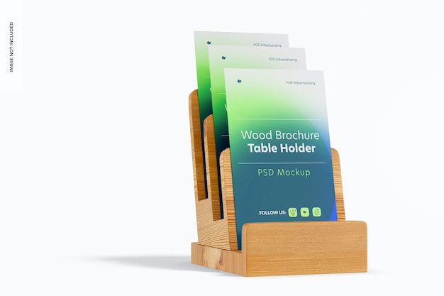 Mockup di supporto da tavolo per brochure in legno, primo piano