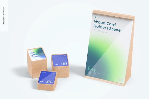 Wood card holders scene mockup, perspective