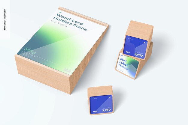 PSD wood card holders scene mockup, top view