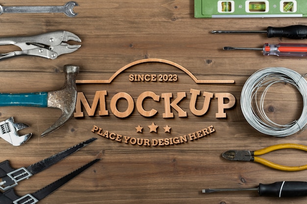 PSD wood carving mock-up design with tools