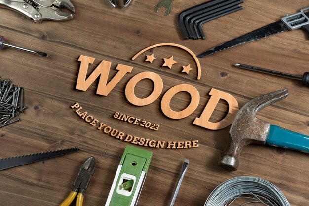 PSD wood carving mock-up design with tools