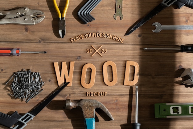 PSD wood carving mock-up design with tools