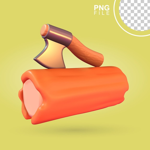 Wood chopping axe 3d icon illustration with a log of tree wood