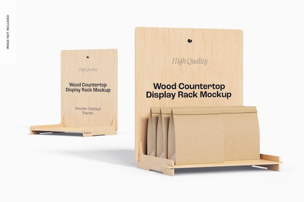 Wood countertop display racks mockup, side view